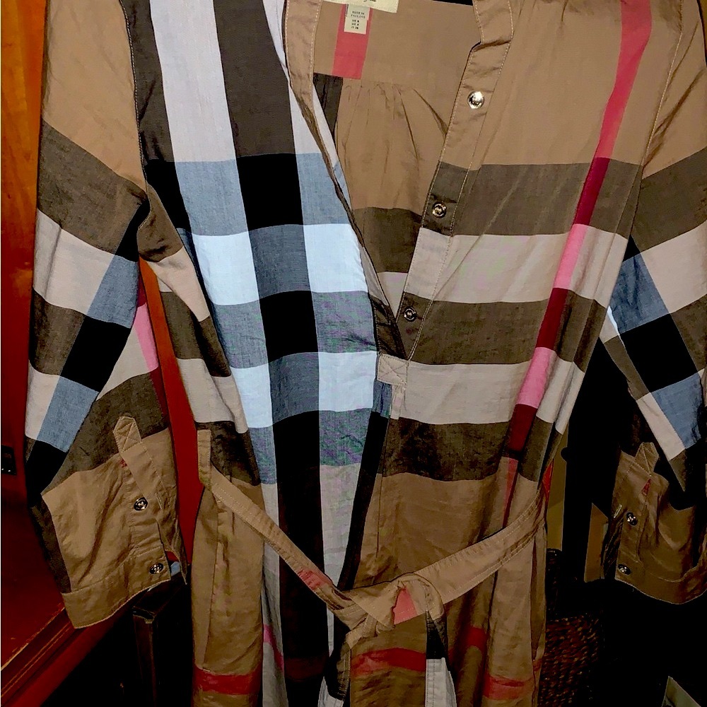 Burberry Plaid Long Sleeve Dress - Black, White, Red, Tan
